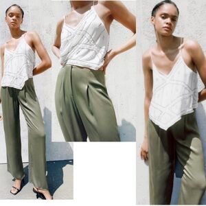 ZARA khaki green full length high waisted pleated wide leg satin effect pants M